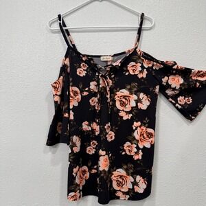 Free Kisses‎ Black Floral Cold Shoulder Lace Up Blouse Top Women's L